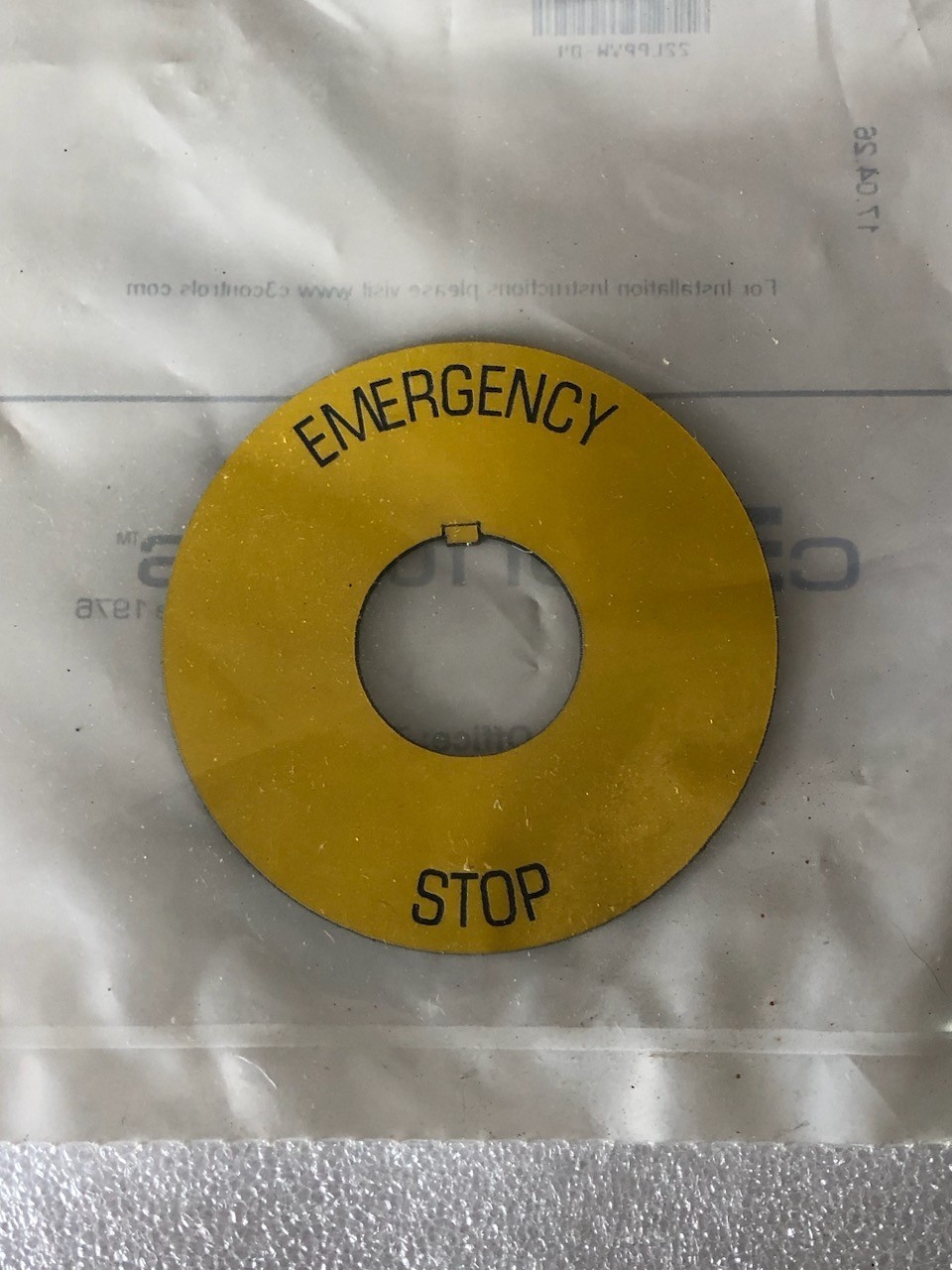 c3 Controls 22LPYW-04, 22mm Round Yellow Emergency Stop Engraved Tag