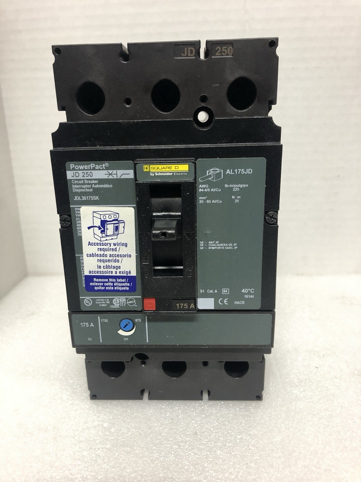 Square D #JDL36175SK, Circuit Breaker, 175A, 3 Pole, 600V