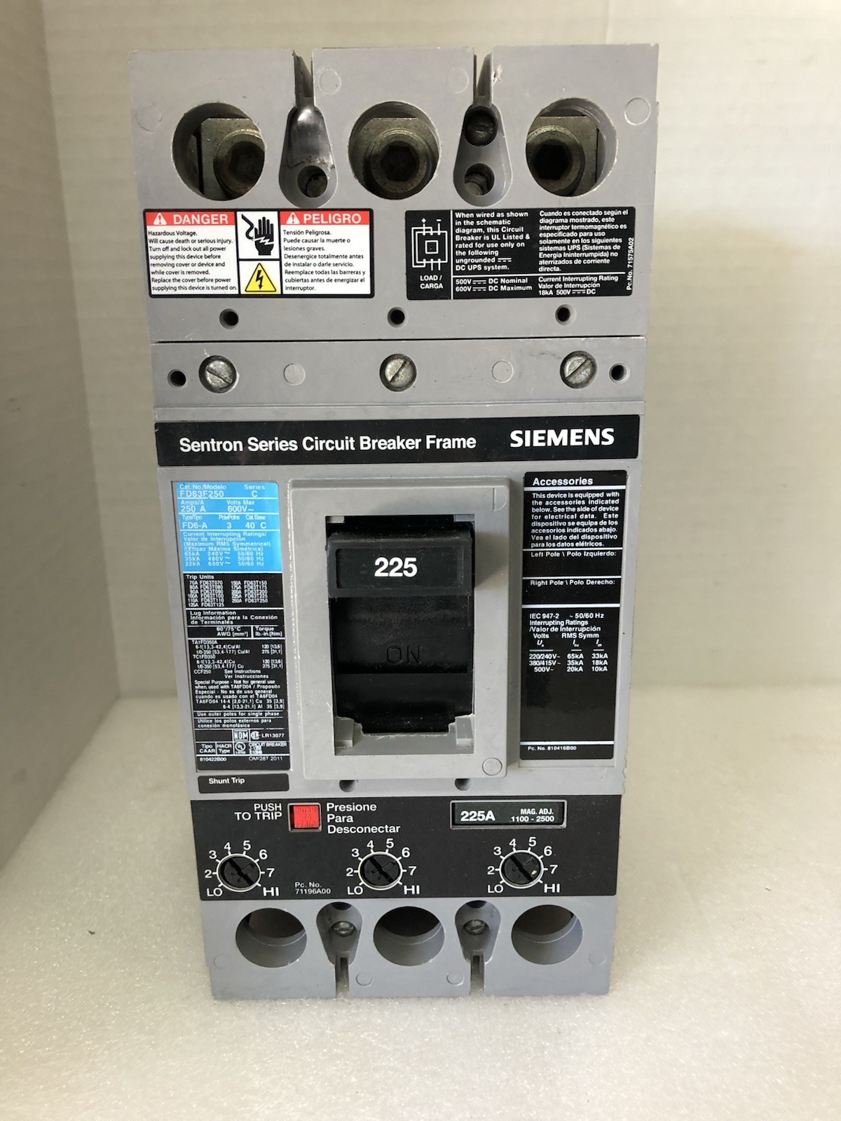 Siemens FD63B225, Circuit Breaker, 225A, 3 Pole, 600V, Molded Case